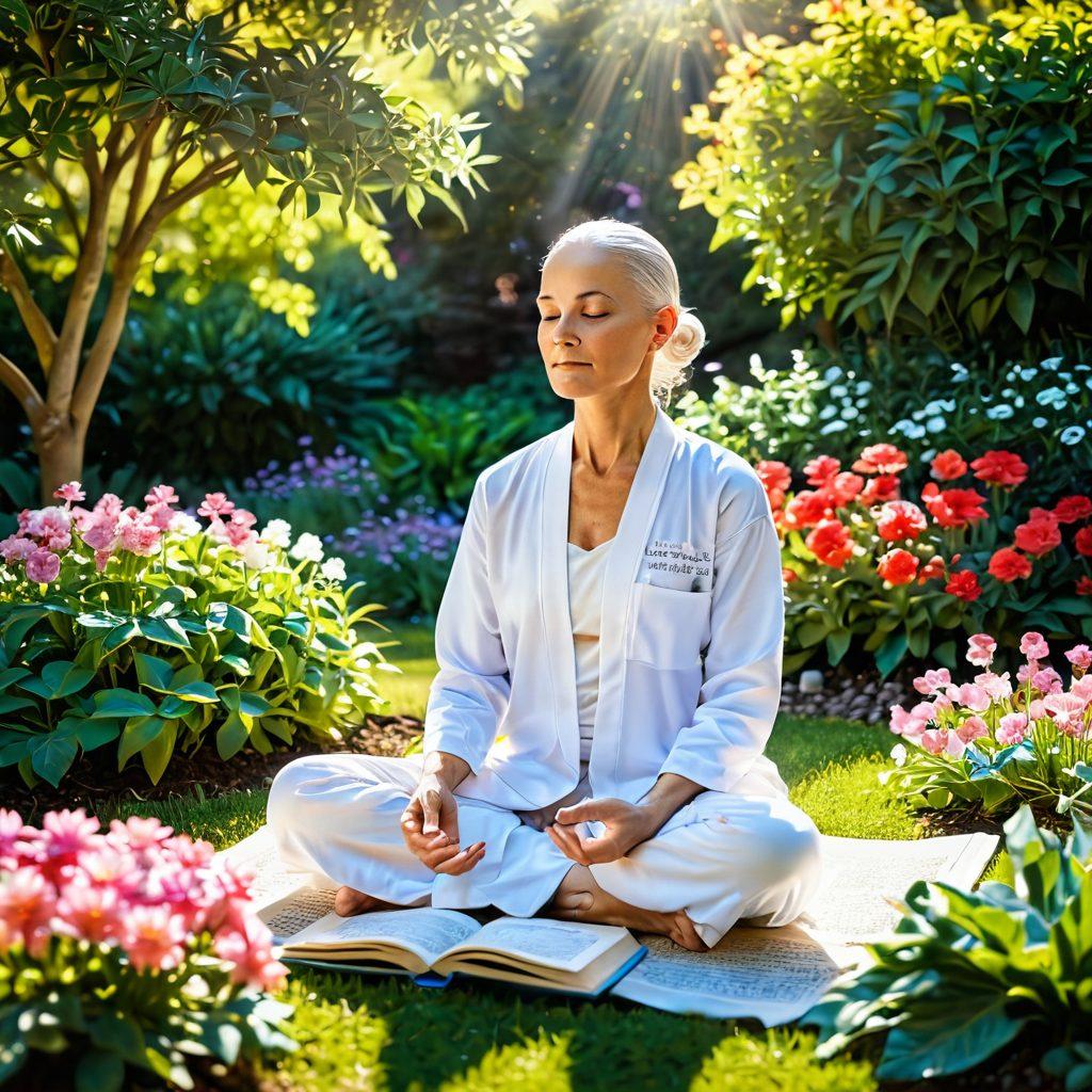 A serene and empowering scene depicting a cancer patient meditating in a peaceful garden, surrounded by vibrant flowers and inspirational quotes. Include essential wellness resources like a glowing crystal and open book with tips visible. The patient embodies strength and tranquility, radiating hope. Soft sunlight filtering through leaves for warmth and positivity. super-realistic. vibrant colors. soothing background.