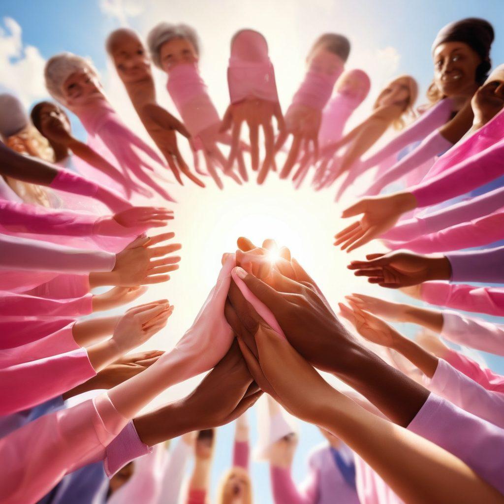 A diverse group of people of different ages and backgrounds united in a circle, holding hands to symbolize support and solidarity in the fight against cancer. In the background, a vibrant hospital with banners advocating for cancer awareness is depicted. Soft sunlight filters through, creating an uplifting atmosphere. A giant pink ribbon shines prominently in the foreground, representing hope. super-realistic. vibrant colors. soft focus.