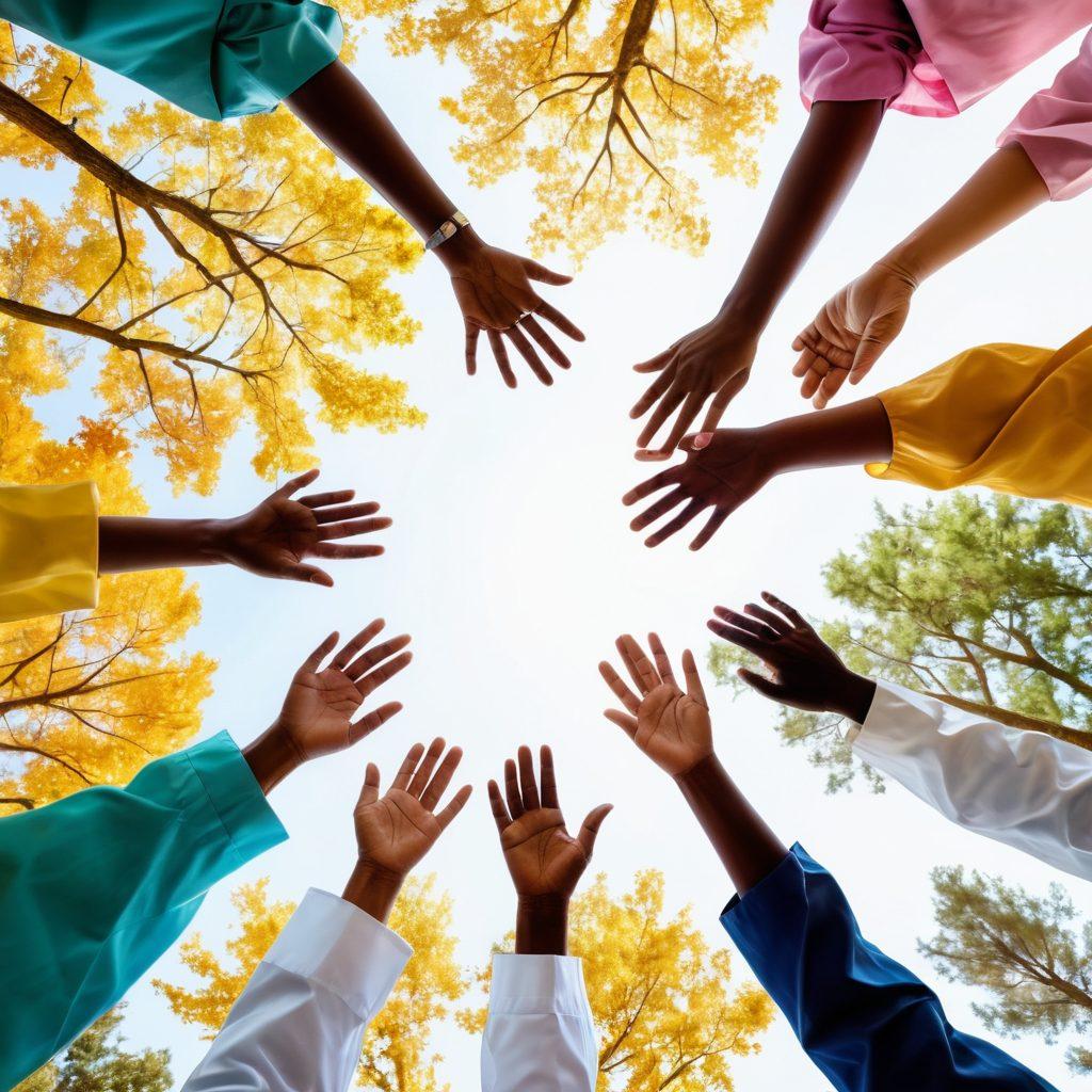A hopeful image of a diverse group of patients and healthcare professionals collaboratively working together in a bright, supportive environment. Symbols of progress, such as charts and scientific visuals, intermingle with warm human connection, showcasing advancements in cancer treatment and research. Incorporate elements of nature, like sunlight filtering through trees, to symbolize hope and healing. The atmosphere should be uplifting and empowering. super-realistic. vibrant colors. white background.